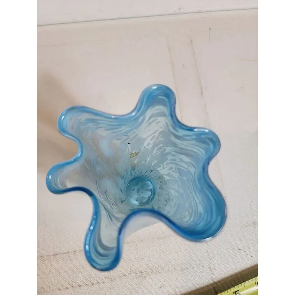 Vintage Hand Blown‎ Art Ruffle Glass Vase Blue Swirl Fluted VTG MCM